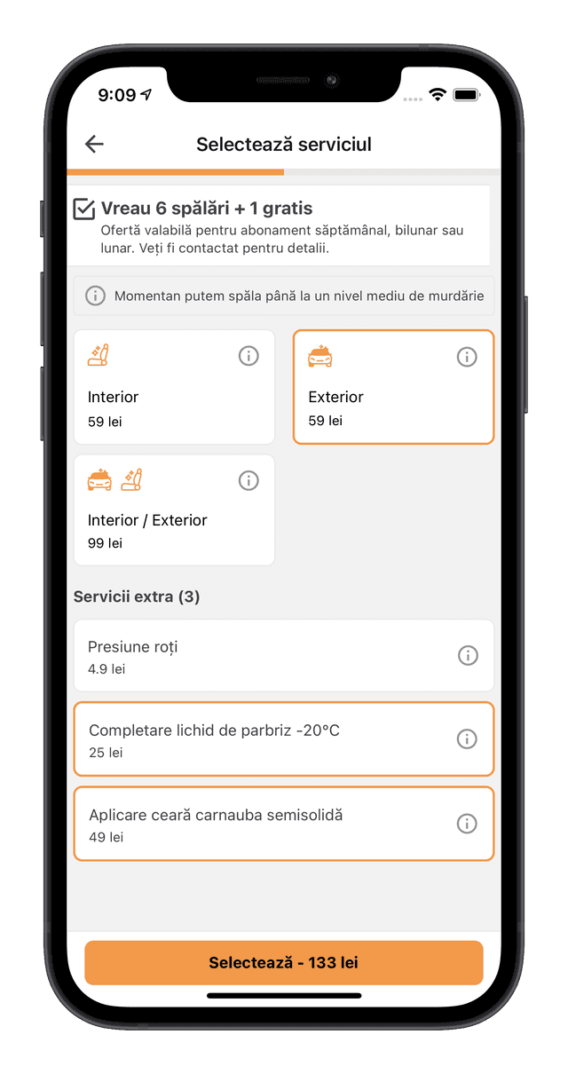 screen alege serviciul din aplicatia Vehicool