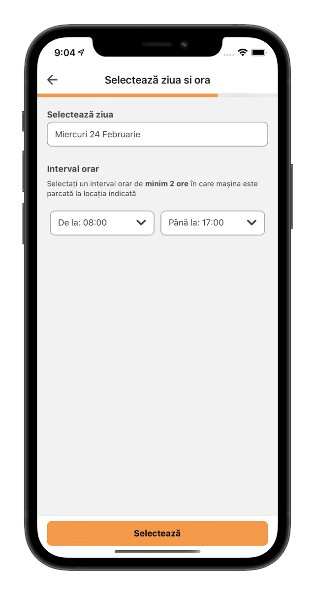 screen alege data si intervalul orar din aplicatia Vehicool
